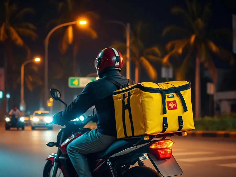 LFC delivery rider on a Lagos street at night