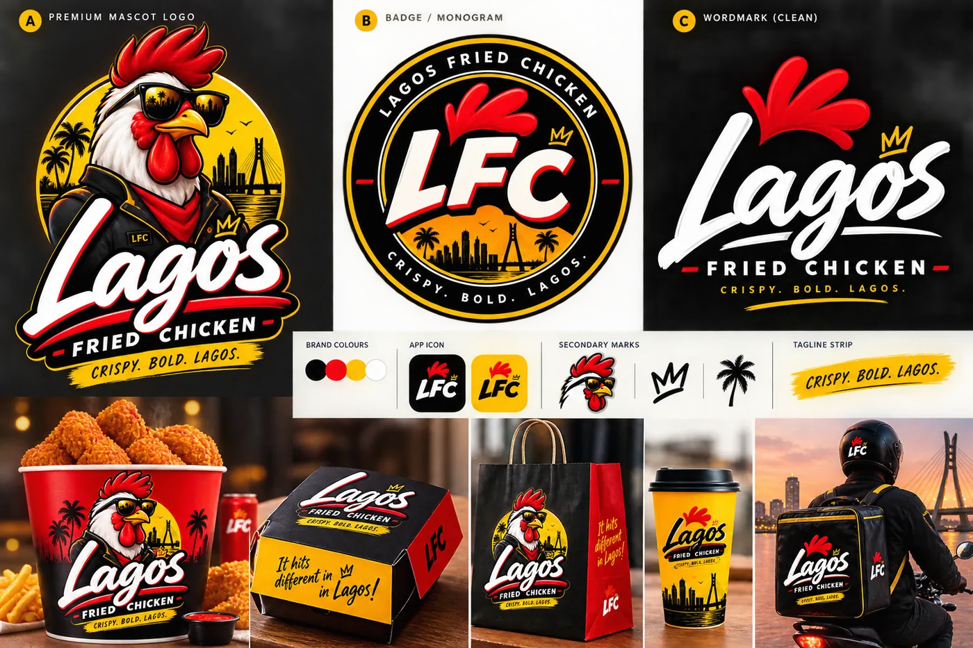 LFC brand identity: mascot logo, LFC badge, wordmark, packaging and delivery kit